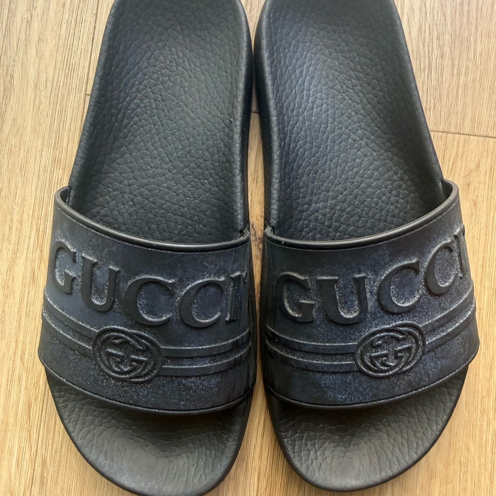 Gucci Black Embossed Logo Slide Sandals